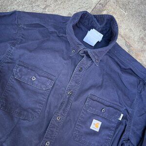 Carhartt Flame Resistant Long Sleeve Button Up Twill Work Shirt Mens Large Navy